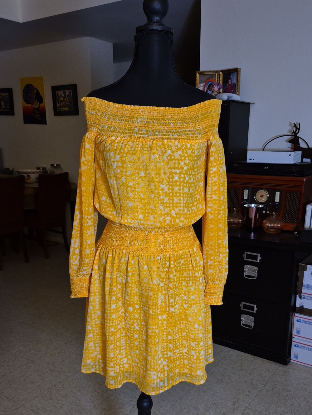 MICHAEL Michael Kors Yellow Off-Shoulder Long Sleeve Smocked Dress